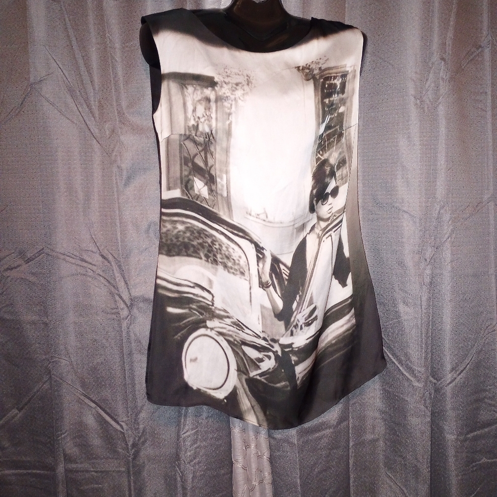 Miroa Cityscape design Silky Short Black Dress . Black and White. Size Large.